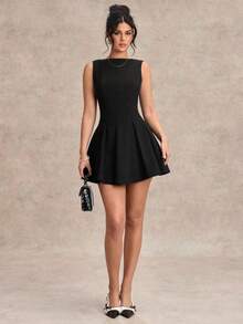 Vestido negro sólido, minimalista y sexy de corte evasé en tono burdeos para mujer, vestido para citas, vestido de dama de honor corto, vestido negro elegante para primavera/verano - Negro - Ver 3
