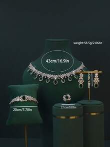 5pcs White Gold Plated Luxury Royal Style Water Drop Tassel Design Bridal Wedding Jewelry Set, Handset Green Cubic Zirconia, Including Necklace, Bracelet, Earrings, Ring, Suitable For Daily Wear And Wedding, Wedding Anniversary Gift (Deluxe Gift Box Packaging) Complimentary - Waterdrop Green Diamond Set - View 3