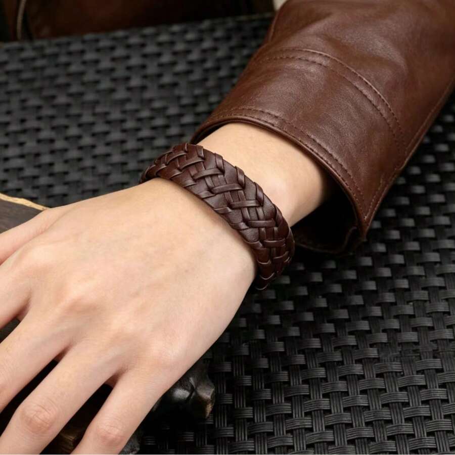 1 pieza Brazalete de cuero tejido minimalista y retro, accesorio versátil y casual para hombres - Marrón - Ver 1