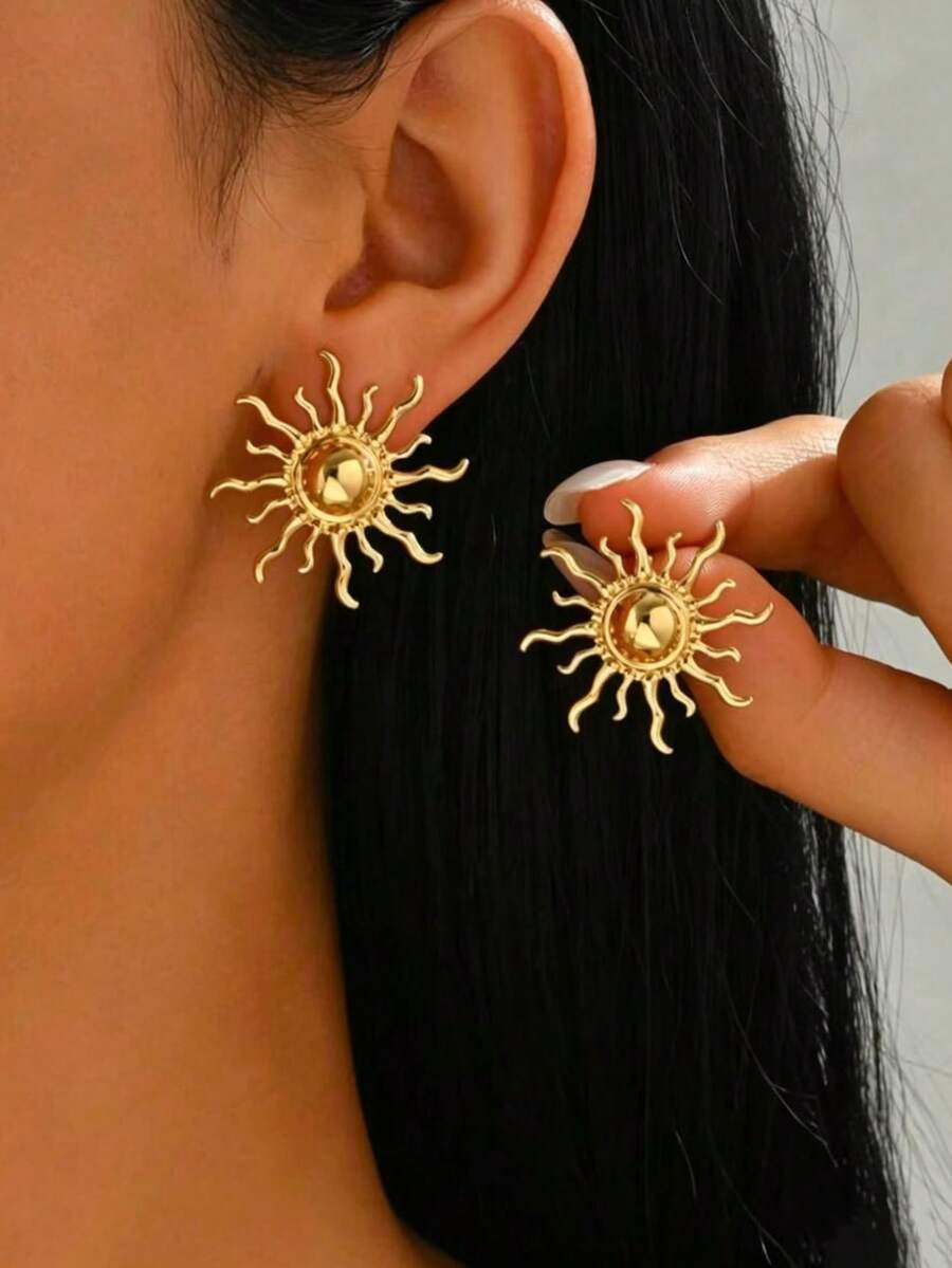 2PCS Women's Gold & Silver Sunflower Stud Earrings, Niche Vintage Y2K Style, Luxury Design, Suitable For Music Festivals, Daily Commute, Gifts, Beach Vacation Wear - Multicolor - View 1