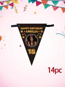 Bandeirola de aniversário personalizada com foto e texto, bandeirinha triangular personalizada com nome e idade, decoração para festa de aniversário de 18/21/30 anos, bandeirinha triangular preta com estrelas brilhantes, decoração para festa de aniversário. - Multicolorido - Ver 19