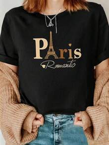 Camiseta gráfica romántica parisina casual para mujeres, top de cuello redondo de manga corta y hombros caídos de color negro, tejido de punto con ligero estiramiento F8WB - Negro - Ver 1
