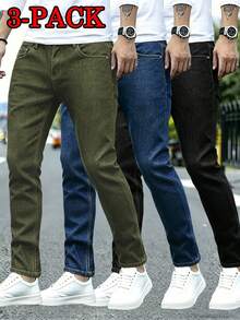 3-Pack Men's Solid Color Versatile Straight Leg Slim Fit Stretch Jeans - Multicolor - View 1