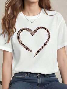short-sleeveRound Neck Camiseta informal de talla grande con estampado de leopardo y corazones.Algodón premium, corte holgado, transpirable, estilo casual, estampado llamativo. Blusas Para Mujer Casual100% Cotton - Blanco - Ver 6