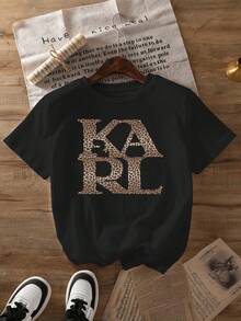 Camiseta vintage con estampado de leopardo y letras, de manga corta y cuello redondo, estilo casual, adecuada para primavera y verano, moda femenina. - Albaricoque - Ver 9