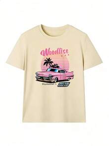 Camiseta con Coche Clásico Rosa y Palmeras al Atardecer,Camiseta de manga corta de moda para primavera y verano de 2026, hecha en México, 180 gramos. Estampado de dibujos animados, modelo de pareja, apta para uso interior o exterior. Cuello redondo, unisex, ideal para oficina y ocio. Paquete de una pieza. - APR-P631577SLNDXZGY502 - Ver 2