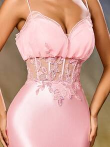 Elegant Women's Pink Satin Maxi Dress With Slit Hem, Suitable For Party Wear Wedding - Pink - View 7