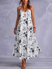 Spring/Summer Plus Size Women's Elegant Floral Print Spaghetti Strap V-Neck Dress With 3/4 Sleeve Sheer Cardigan Two Pieces Set Vacation White - White - View 3