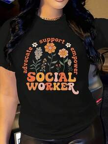Camiseta Casual de Mujer con Estampado Floral y Frases Motivacionales para Trabajadoras Sociales, Ajuste Cómodo, Manga Corta > Hermosa. - Negro - Ver 10