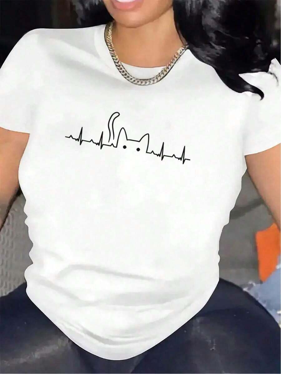 Durable And Lightweight T-Shirt Featuring A Heartbeat Design, Perfect For Restaurant Attire.Offers A Comfortable Fit For Everyday Wear And Serves As A Stylish Casual Top For Women'S Fashion EnsemblesShirt > Beautiful. - 白色 - 查看 1