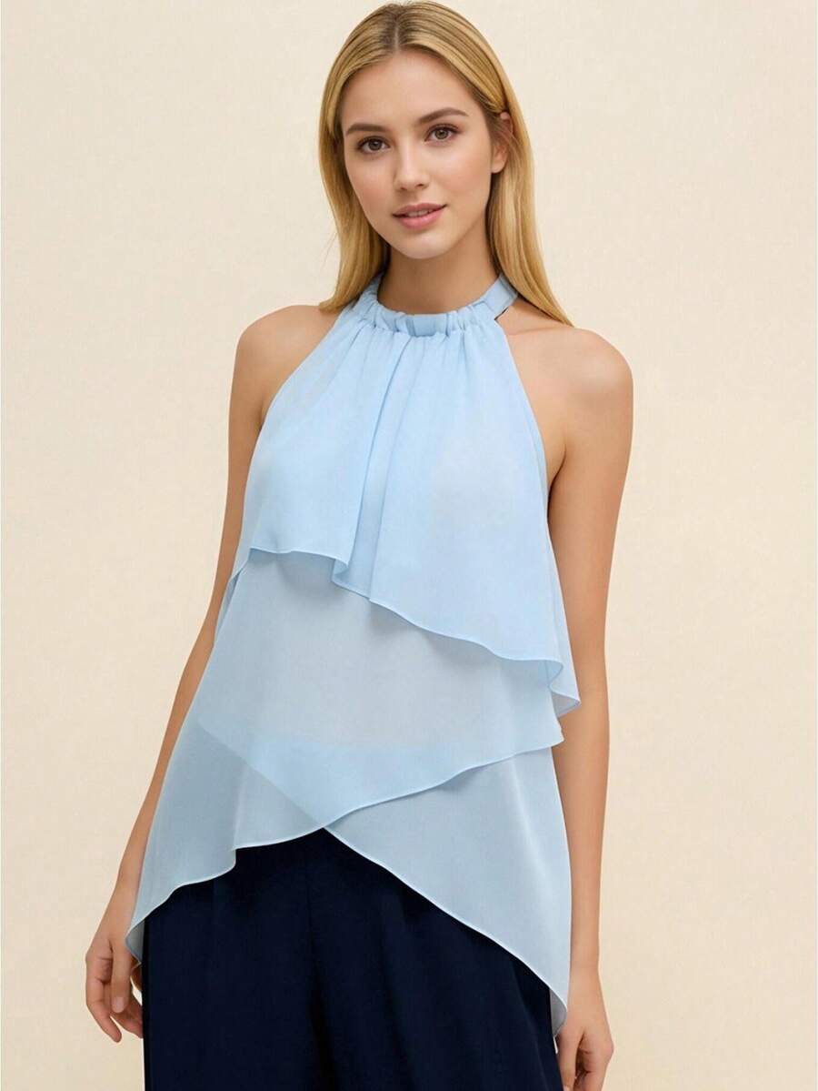 Women Chiffon Halter Tops Summer Trendy Asymmetrical Layered Backless Shirts for Streetwear Aesthetic Grunge Clothes - Celeste - Ver 1