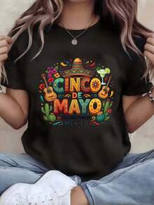 Camiseta Casual de Manga Corta con Cuello Redondo para Mujer, Estampado Gráfico de Cinco de Mayo, Fiesta Mexicana, Letras Coloridas, Sombrero, Guitarra, Cactus, Margarita, Algodón Negro, Estética de Arte Folclórico Tradicional, Top Básico Casual de Verano, Blusas Bonitas 100% Algodón - Negro - Ver 1