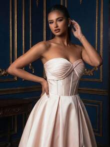 Elegant Strapless Maxi Dress For Women, With Zipper Detail And Flared Hem Design, Suitable For Formal Evening Occasions Wedding Party - Champagne - View 5
