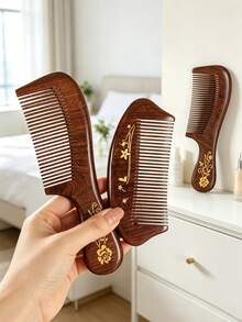 1 chiếc lược gỗ đàn hương tự nhiên mạ vàng, kiểu Trung Quốc, có tay cầm tiện dụng, thích hợp làm quà tặng sinh nhật, Ngày Valentine, Ngày của Mẹ, hoặc sử dụng hàng ngày. - Thiết kế hoa hồng mạ vàng - Xem 9
