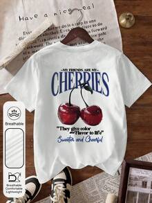 Plus Size Women's Cherry Print Round Neck Short Sleeve Casual Retro Style White T-Shirt, Summer - White - View 5