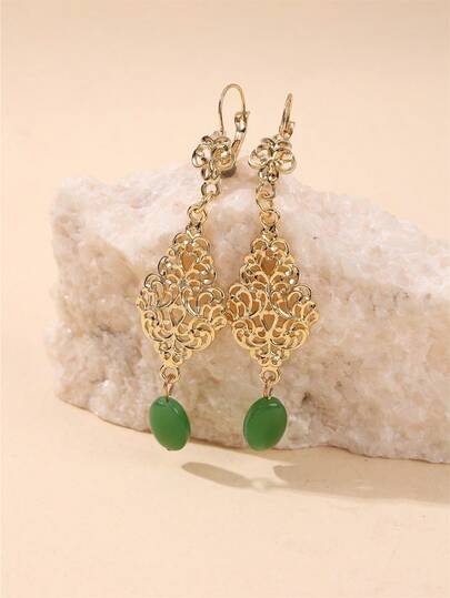 1pc Moroccan Classic Natural Stone Earrings For Women, Luxury Vintage Style, Hollow Design, Bridal Fashion Earrings, Women's Jewelry, Essential Accessory For Party And Formal Occasions