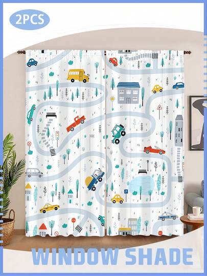 2Panels City Road Map Curtains, Scandinavian Style City Car Curtains,Car & Vehicle Pattern Window Drapes For Boys Bedroom, Playroom Decor