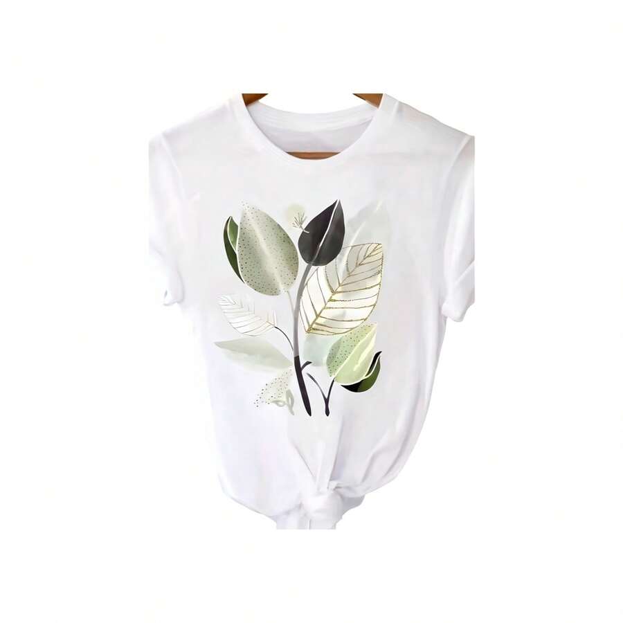 Camiseta de punto informal de manga corta para mujer con estampado de hojas tropicales, corte regular. Perfecta para el verano, fiestas o para un look elegante de diario. - Blanco - Ver 1