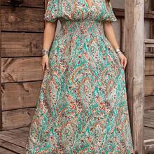 CURVE+ Curve Size Music Festival, Seaside Vacation, BohemiaRandom Print Pleated Elastic Waist Women Beach Dress, Summer Holiday Outfit - Multicolor - Ver 6
