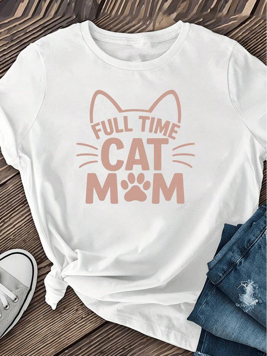 Camiseta Estampada para Mujer FULL MOM - Camiseta Casual de Manga Corta y Cuello Redondo en Blanco, con Corte Relajado para Todas las Estaciones, Perfecta para Uso Diario y Atuendos de Vacaciones (Lavable aáquina). - Blanco - Ver 1