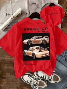 Gift: Short-Sleeved T-Shirt With Round Neck And Pink  Car Print - Urban Vintage Style, Loose-Fitting Cotton T-Shirt With Print. Soft - 紅色的 - 查看 7