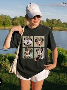 Camiseta de manga corta para mujer, oficialmente autorizada por  DSN, con estampado de Safari Mouse, Leopard And Friends, Animal Kingdom, Daisy, estilo retro de parque de atracciones, para viajes, vacaciones en familia y camiseta casual holgada de gran tamaño. La tela suave y transpirable es adecuada para actividades temáticas, hecha de materiales suaves, cómodos y duraderos. La camiseta de cuello redondo para mujer de primavera y verano es perfecta para el uso diario, ir de compras, reuniones, viajes y encuentros. También es una exquisita prenda deportiva clásica, una camiseta de regalo para mujer, ropa de verano 100% algodón. - Negro - Ver 6