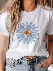 Camisa Casual con Estampado de Margaritas para Mujer |   Camiseta de verano de manga corta, cuello redondo, ligera y transpirable, diseño azul brillante y blanco, imprescindible para primavera y verano, camisa con estampado floral. - Blanco - Ver 1