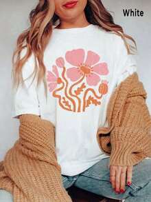 Camisa Retro con Estampado Floral, Camisa Boho con Flores Silvestres, Camiseta Moderna con Amapolas, Camisa Vintage con Amapolas, Camiseta Botánica Boho de Talla Grande, Blusa Blanca para Mujer, Camiseta de Manga Corta con Estampado Gráfico Grunge Y2K - Blanco - Ver 7