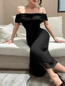 Vestido de hombros abiertos de unicolor, vestido de fiesta elegante para cumpleaños, Año Nuevo, baile de graduación, vestido de cóctel de hombros descubiertos de largo maxi - Negro - Ver 4