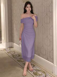 Vestido de hombros abiertos de unicolor, vestido de fiesta elegante para cumpleaños, Año Nuevo, baile de graduación, vestido de cóctel de hombros descubiertos de largo maxi - Morado - Ver 5