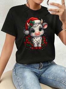 ofertas y liquidacionesPlayera Para Mujer,Navidad, Lindo Vaquita, Camiseta Gráfica, Decoración de Fiestasplayera de hombretops sudaderas para mujer Y2k Camiseta Camisa De - Negro - Ver 9