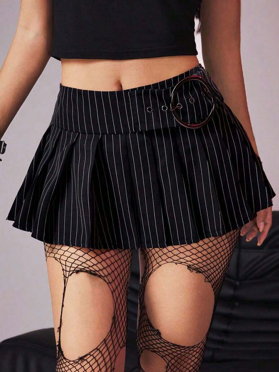 Grunge Punk Falda mini ultrasilta plisada con detalles metálicos a rayas, escuela - Blanco y Negro - Ver 1