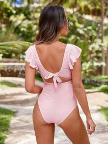 Swim Vcay Traje de baño de una pieza sencillo y elegante sin mangas de unicolor, ropa de playa para mujeres embarazadas - Rosa Pálido - Ver 2