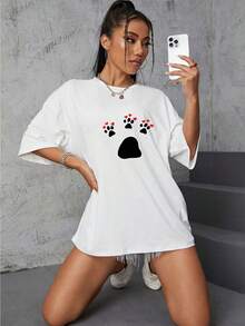 Nueva camiseta oversize informal para mujer con estampado de huellas de gato y motivos de corazones. - Blanco - Ver 6