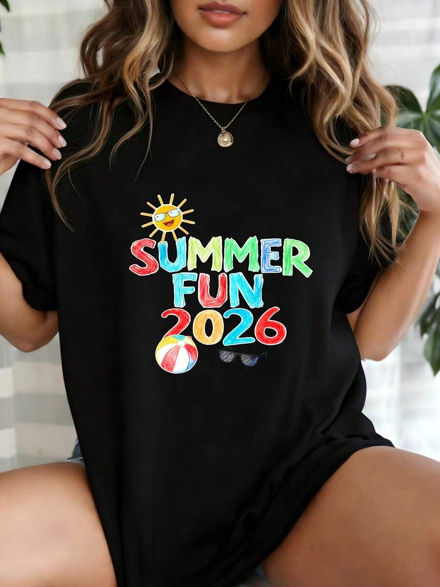 Summer Fun 2026 Graphic T-Shirt, 100% Cotton Beach Vacation Tee, Casual Crewneck Top for Summer Outings, Pool Parties & Family Trips