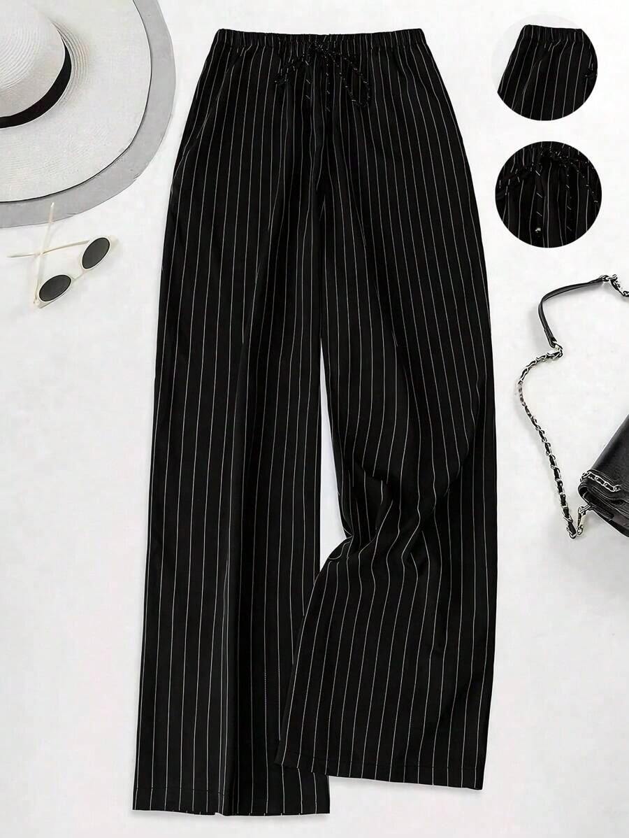 Pantalones casuales holgados de talle alto con rayas para mujer - Blanco y Negro - Ver 1