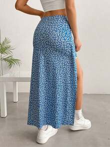 Falda larga con diseño floral pequeño y abertura en el dobladillo - Azul - Ver 2