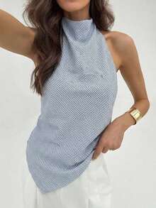 Blusa de mujer de unicolor con cuello halter, pliegues y bajo asimétrico - Azul y blanco - Ver 3