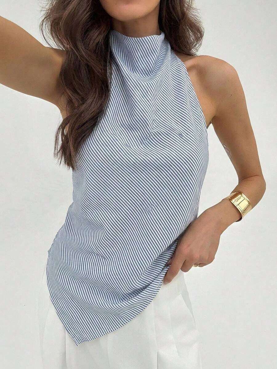 Top elegante de verano de diseño minimalista, sin mangas y con espalda descubierta, de unicolor - Azul y blanco - Ver 1