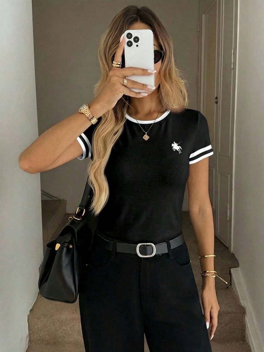 Camiseta de manga corta de cuello redondo ajustada con rayas blancas y negras, adecuada para primavera/verano - Multicolor 5 - Ver 1
