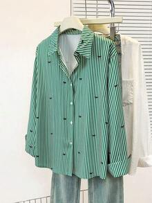 Camisa de manga larga con estampado a rayas y lazo, con botones delanteros, cuello de camisa, top casual, adecuado para primavera, otoño e invierno en color rosa - Verde - Ver 4