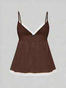 Conjunto de pijama casual de camiseta de tirantes acanalada y shorts con encaje - Marrón - Ver 6