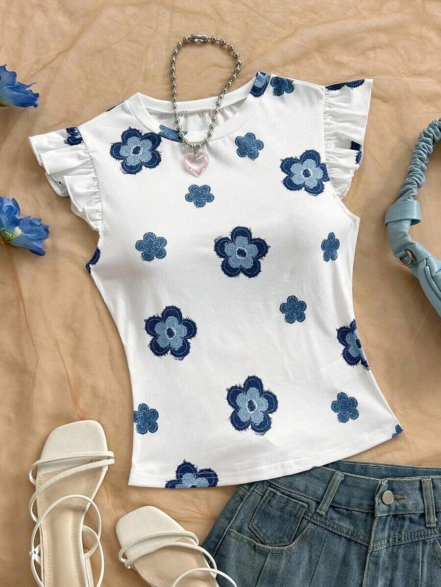 Camiseta casual de mujer con cuello redondo, mangas de volantes y estampado floral, blusas florales para mujer, blusas con mangas de volantes, para salir, blusas de manga corta lindas - Azul y blanco 2 - Ver 1