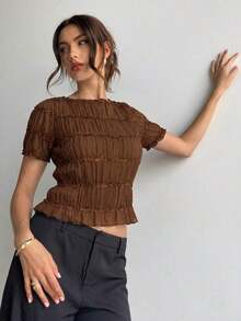Blusa de mujer elegante de chifón y encaje con parches en color albaricoque - Café integral - Ver 4
