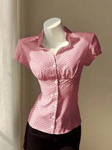 Camisa de mujer con cuello en V, cintura fruncida y manga corta, color blanco, para primavera/verano - Rosa 3 - Ver 4