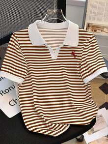 Camiseta de manga corta con cuello de polo a rayas casual de verano para mujer - Multicolor 8 - Ver 1