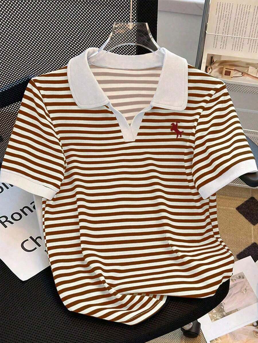 Camiseta de manga corta con cuello de polo a rayas casual de verano para mujer - Multicolor 8 - Ver 1