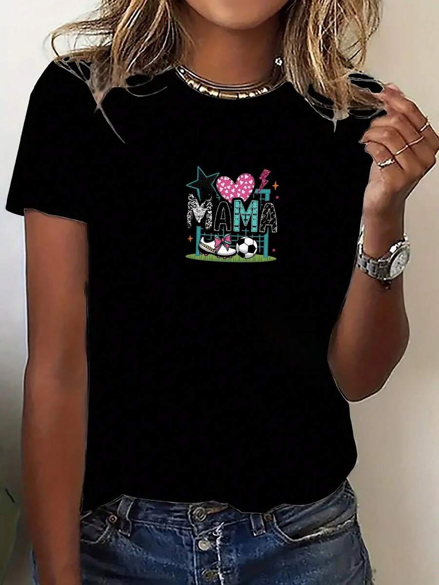 Camiseta deportiva de manga corta para mujer a la moda - Camiseta rosa con letras de MAMA y diseño de estampado de patrón de fútbol y corazón Cómoda camiseta casual de cuello redondo de manga corta Adecuada para todas las estaciones Multicolor opcional Perfecta para reuniones familiares Fes