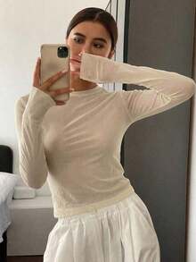 Blusa de manga larga de cuello redondo, ajuste delgado, con estampado de lunares, ropa de otoño para mujer - Albaricoque - Ver 3