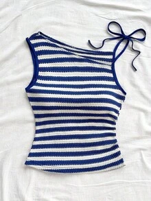 Parte superior ajustada de punto con cuello asimétrico a rayas rojas y blancas, adecuada para fiesta, Navidad, cita, playa, crucero, carnaval, parte superior de punto de tirantes a rayas de verano, parte superior de punto de verano para mujer, - Multicolor - Ver 4